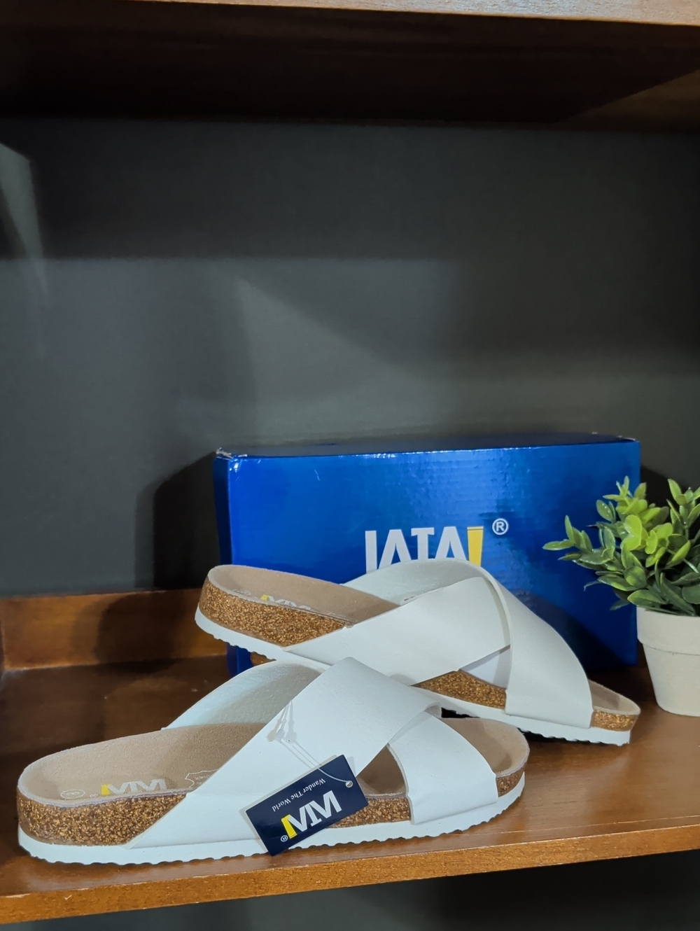 Women's Tai White Crisscross Cork-Style Slide Sandals